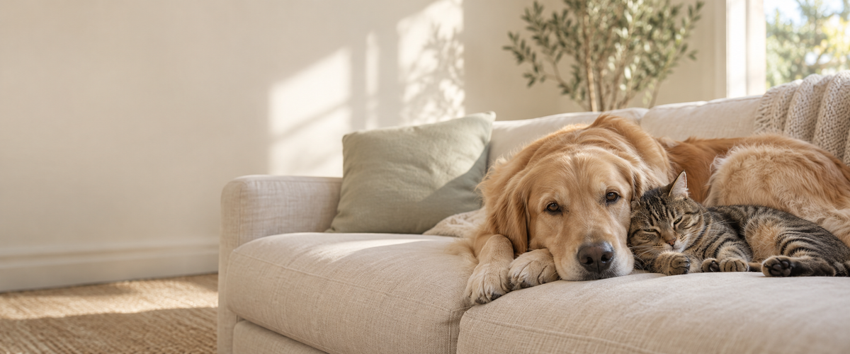 Cane e gatto riposano insieme su un divano in una casa luminosa