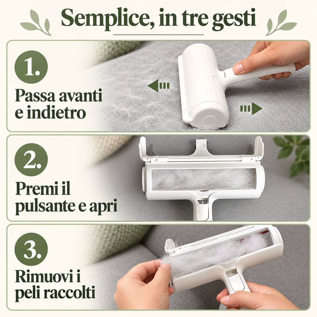 Come usare il rullo: passa avanti e indietro, apri il vano e rimuovi i peli