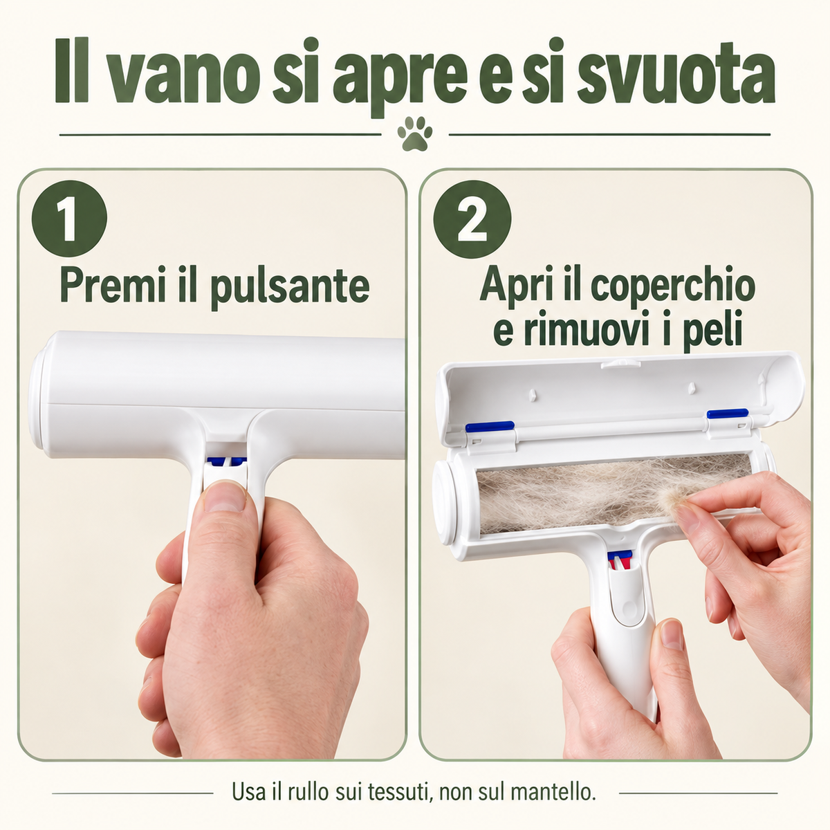 Apertura del coperchio e rimozione dei peli dal vano di raccolta